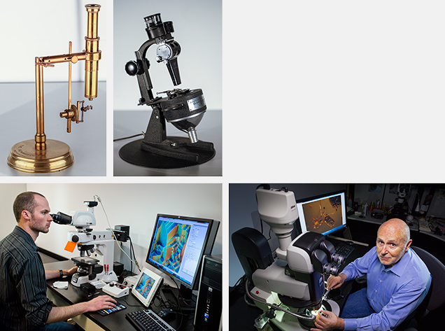 An assortment of gemological microscopes, past and present.