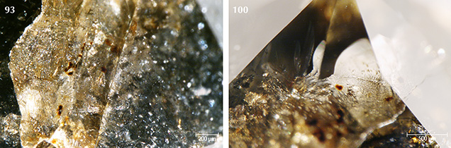 Individual brown radiation stains visible within fractures in Marange diamonds