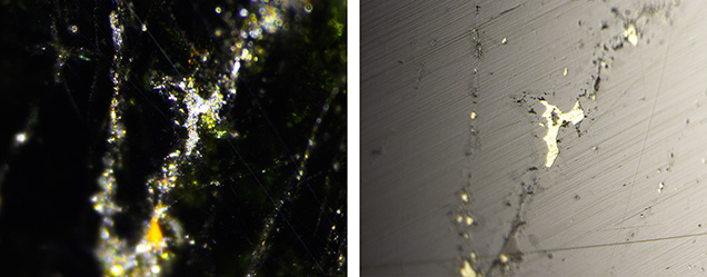 Figure 2. Left: A surface-reaching fracture in gadolinite observed with fiber-optic illumination. The fracture is filled with a reflective material. Right: The same fracture observed under reflective lighting. The yellowish fracture-filling material shows a metallic luster. Photomicrographs by Yusuke Takamura; field of view 1.04 mm.