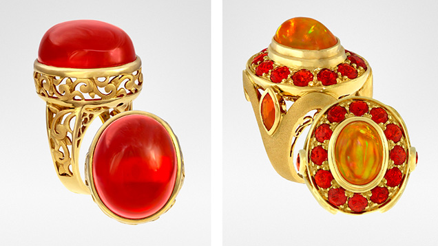 Figure 1. Left: 18K yellow gold “Flames” ring with 25.19 ct Mexican fire opal. Right: This 18K yellow gold “Spice” ring features a rare 6.57 ct fire opal with remarkable play-of-color surrounded by a halo of faceted fire opals (1.96 carats total) and two side fire opals in orange (0.73 carats total). Courtesy of Paula Crevoshay.