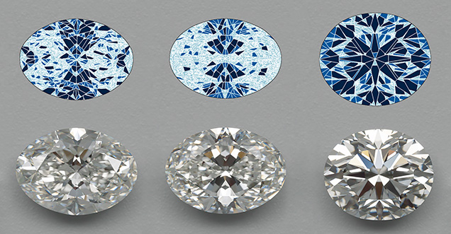 Figure 12. These oval diamonds are attractive—bright, fiery, and scintillating—yet the differences in their appearance patterns are profound, as displayed by the details in the virtual facet maps. Therefore, individual taste becomes an important factor for a grading system to acknowledge.