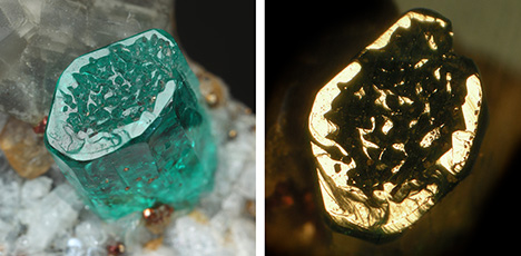 Figure 14. Left: Sample 14 (6.0 mm in largest diameter), a crystal with an almost continuous rim surrounding growth areas ending in small basal faces, but at a different height along the <em>c</em>-axis compared to the horizontal surface of the rim. Right: Reflective areas of the rim and the small columns inside this rim ending in tiny crystal faces parallel to the basal pinacoid. Photos by G. Martayan (left) and K. Schmetzer (right).