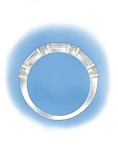 ラウンドとバゲットダイヤモンドがチャネルセットされたプラチナバンドの側面