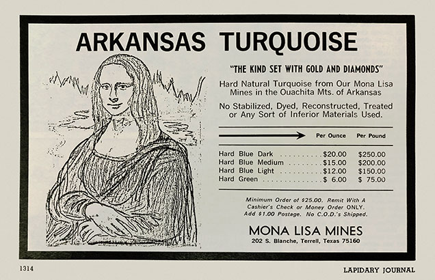 Figure 4. A 1980 advertisement for Arkansas turquoise in <em>Lapidary Journal</em>.