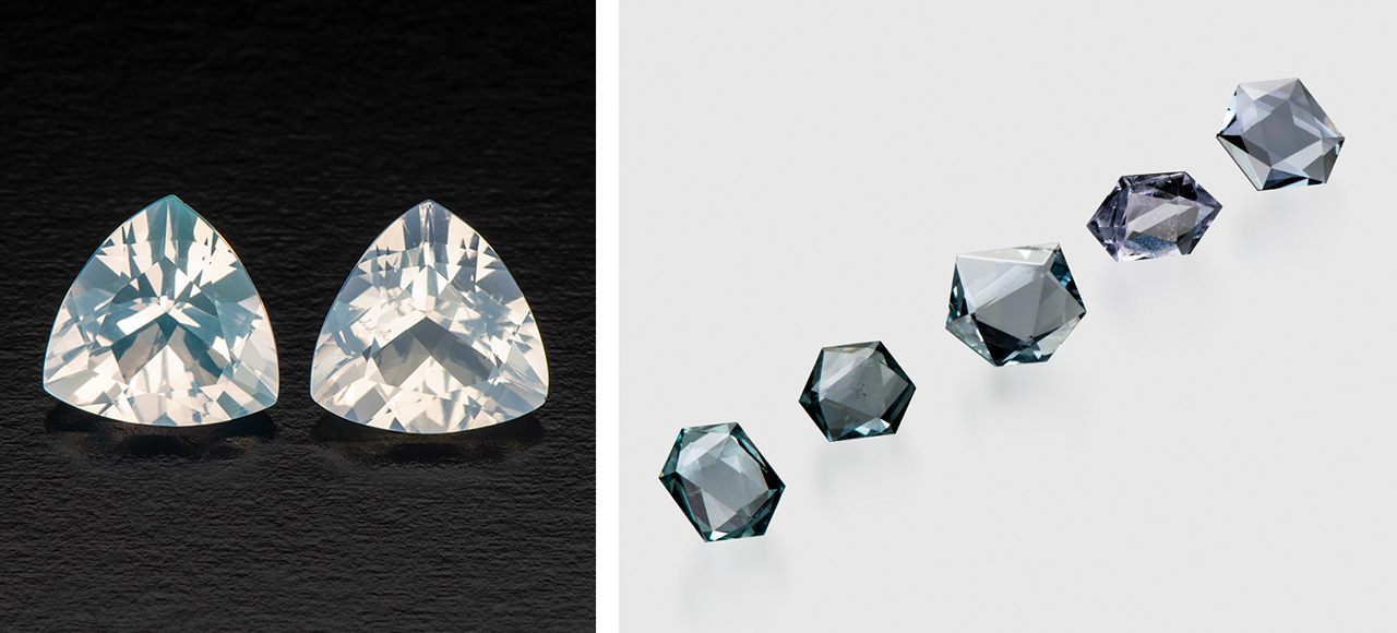 Trillion-cut blue hyalite opals.