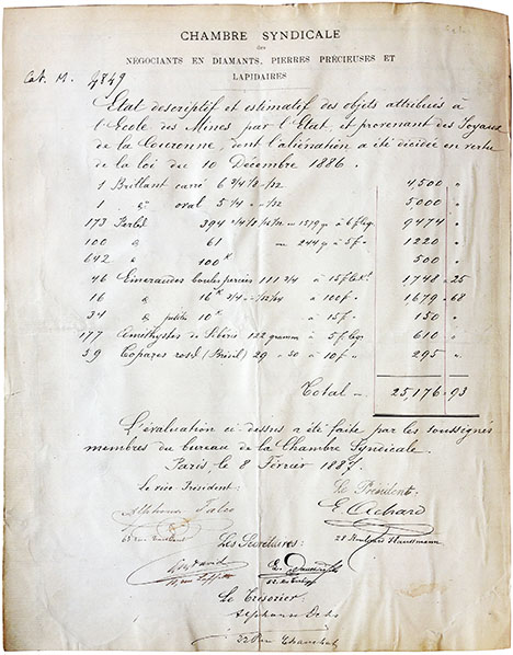Document detailing donation of unset gems from French crown jewels, including some of the emeralds used in this study.