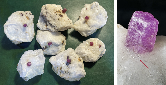 Figure 1. Left: Marble-hosted ruby specimens (ruby crystals ranging from 0.6 to 1.0 cm in height) reportedly mined from Hunza and acquired from the nearby local market. The natural specimen components have been artificially assembled with a resin-like adhesive. Right: In some specimens, the adhesive is well camouflaged and difficult to detect (indicated by arrow), especially if oiled. Photos by Talha H. Bakht.