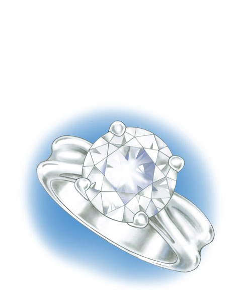Close-up perspective view of a four prong, platinum solitaire with a round center stone
