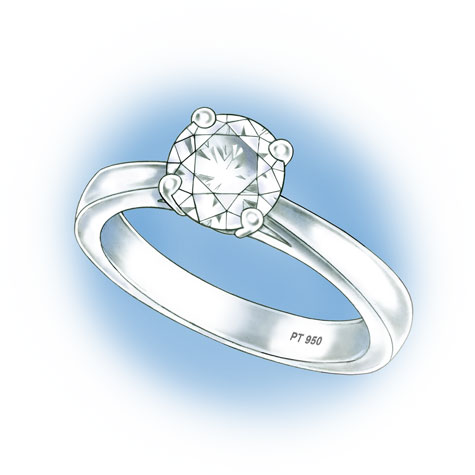 シャンクにダイヤモンドが使われていないプラチナ4本爪のソリティアの透視図