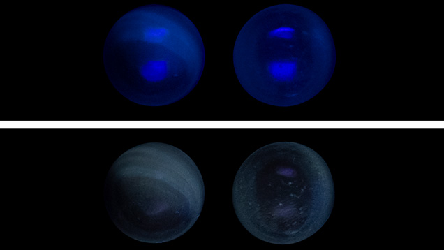Beads under long-wave and short-wave UV.