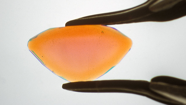 Figure 11. A cross section of a beryllium-diffused sapphire showing a purplish pink core and an orangy pink rim caused by the introduction of beryllium to the corundum structure.