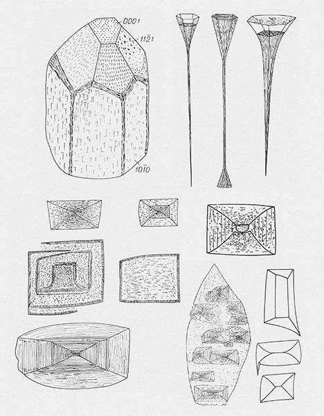 Figure 5. Crystal drawings, reproduced from Bartoshinskiy et al. (1969), showing the typical crystal habit with Miller indices of the common faces (top left), spectacular long funnel-shaped etch pits (ending in thin tubes) on the pinacoidal face (top right) and the typical P-type and F-type etch pits on the first-order prismatic face. The outline can be symmetrical or asymmetrical, and F-types can overlap each other. No scale was given in the original publication.
