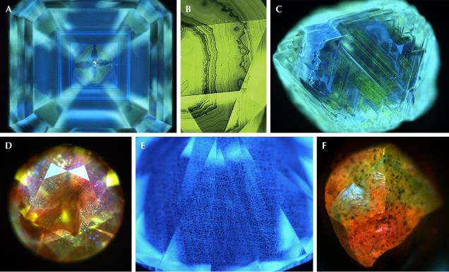 Figure 6. This selection of deep-UV fluorescence images of natural diamonds highlights the wide range of potential emission patterns and colors that can be observed, evidence of diamond’s unique growth and residence history. E: Most natural type II diamonds show blue fluorescence with mosaic-like polygonized dislocation patterns, differing from characteristic type II CVD- or HPHT-grown diamond patterns (compare with figures 8–10). Images by Garrett Koneval (A), Najmeh Anjomani (B), Wuyi Wang (C), Christopher Vendrell (D), Ulrika F.S. D’Haenens-Johansson (E), and Sandeep Kabariya (F).
