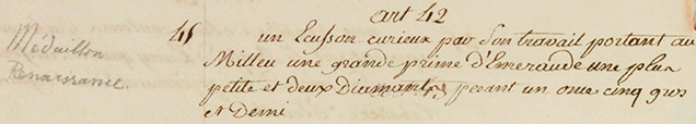 Figure 3. Description of the pendant by Pierre Bénézech in article 42 of Procès-verbal des objets envoyés par l’administration de la Monnaie au Muséum des Antiques de la Bibliothèque nationale (December 21, 1796). For translation, see table 1.