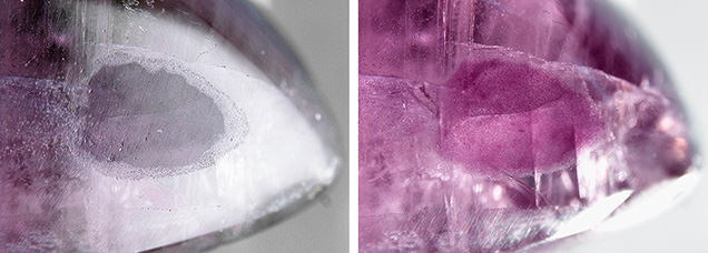 An area of a filled cavity in ruby exhibiting a lower luster than the ruby and surrounded by a granular texture, caused by a reaction layer of synthetic overgrowth. Reflected light (left) and brightfield illumination (right). Photomicrographs by Polthep Sakpanich; field of view 8.2 mm.