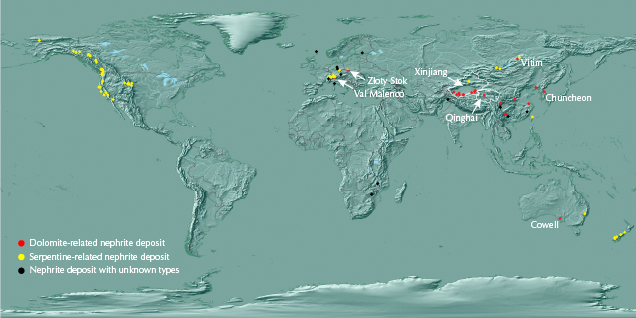 Reported nephrite deposits worldwide