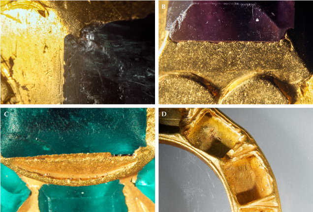 Figure 4. Details of the setting styles in the amethyst and emerald ring (A and B) and the emerald pendant (C and D). Photomicrographs by Aaron Palke; fields of view 4.79 mm (A), 7.19 mm (B), 10.00 mm (C), and 19.27 mm (D).