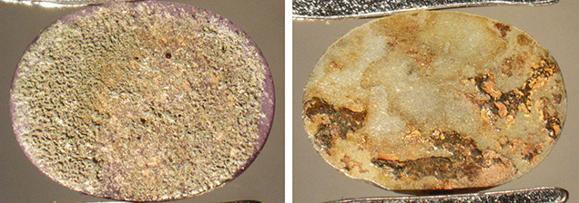 Inhomogeneous crusts of iron-bearing compounds on base of purple sapphire and grayish green sapphire