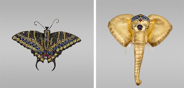 Swallowtail and elephant brooches.