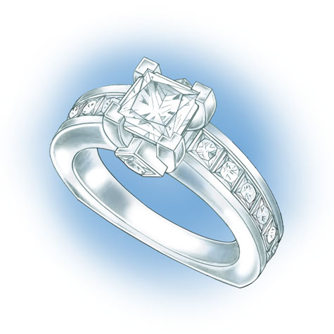 	铂金单石戒指的透视图。 设计特征如下：以 V 形爪镶固定公主方形主石，两侧有两颗公主方形包镶副石，戒圈每侧下方槽镶了公主方形宝石。