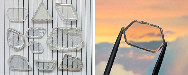 A split image of 10 transparent, plate-shaped rough diamonds against a white surface, and a transparent, plate-shaped rough diamond against a sunset. 