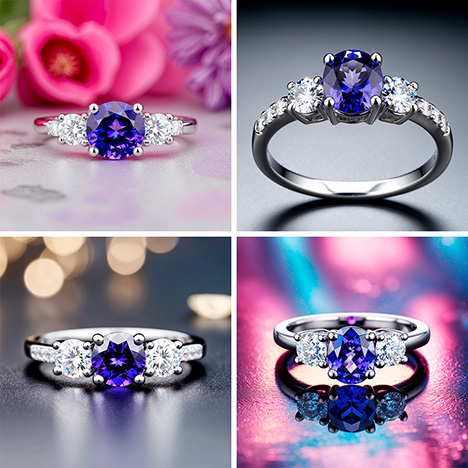 Figure A-4. Images generated by Leonardo.AI Phoenix. The rings in these images are remarkably similar, with little variation in design or positioning. The designs are also very simple in comparison to the previous three examples. A greater variety of prompts would be needed to create more design variations. All the images show some degree of depth of field, and the bottom left image also displays a particular blurring of lights in the background, creating a photorealistic effect.