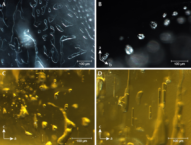 Two-phase inclusions in blue to yellow beryl samples