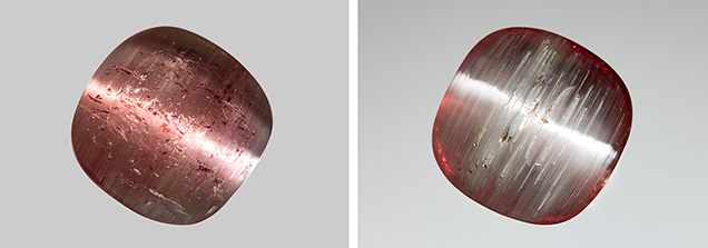 Bicolor tourmaline double cabochon displaying pink and white chatoyant bands on opposite sides. Bicolor tourmaline double cabochon displaying pink and white chatoyant bands on opposite sides.