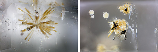 Burmese phenakite with perettiite-(Y) bundles (left) and tusionite inclusions (right).