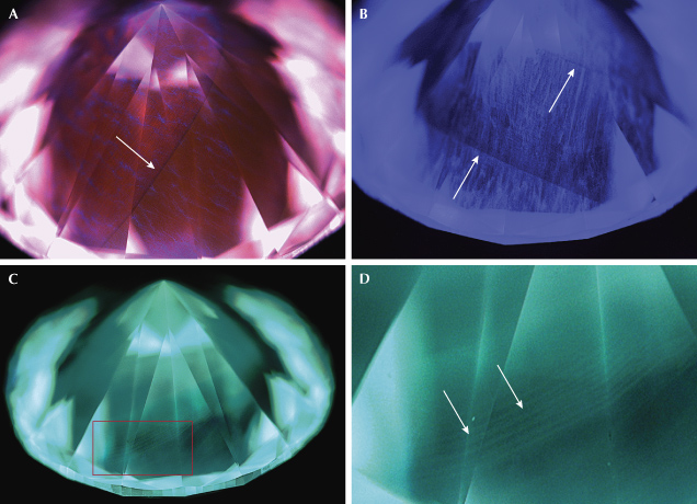 Figure 1. A and B: DiamondView imaging shows clear interruption planes resulting from start-stop environment change during the CVD growth of fraudulent diamond 3. A band pass filter centered at 390 nm shows even clearer interruption layers (indicated by arrows). C and D: Fraudulent diamond 4 shows subtle striations (indicated by arrows) on the pavilion view, but a closer look reveals the layered patterns indicative of CVD-grown diamonds. Images by Nick “Ka Chun” Chan.