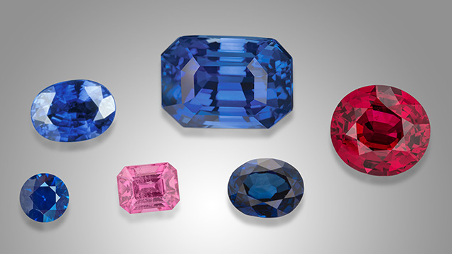 Figure 11. Various types of corundum (ranging from 1.16 to 33.16 ct) that can present the 3309 cm–1 series in FTIR spectra: unheated basalt-related blue sapphire (two stones in the bottom row), heated metamorphic blue sapphire (two stones in the top row), and pink sapphire and ruby. Photos by Robert Weldon, Orasa Weldon, Vincent Pardieu, Emily Lane, and Tino Hammid; stones courtesy of B&B Fine Gems, Kenneth Kin Ming Siu, and Joao Jose Ip Lau Tchun.