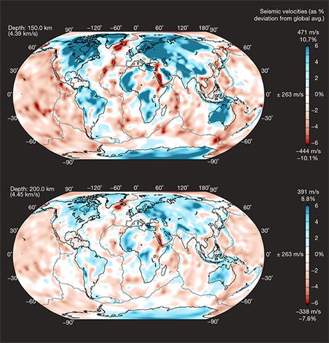 Global seismic shear speed model at depths of 150 km and 200 km.