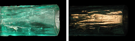 Figure 22. The surface of sample 22 is partially dissolved by corrosion—i.e., no clear reflective plane is seen. The same area of the crystal is shown in transmitted light (left) and in reflected light (right). Photos by K. Schmetzer; field of view 9.5 mm.