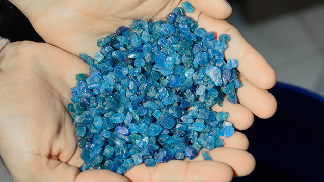 Cobbed and heated apatite rough at Sambhav Jewels