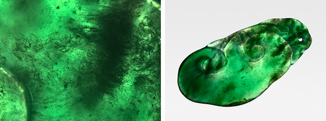 Figure 2. Left: Fibrous inclusions observed in the 12.85 ct carved sample; field of view 8.94 mm. Right: The carved sample appeared bright green rather than blackish green under transmitted light. Photos by Shilong Xu.