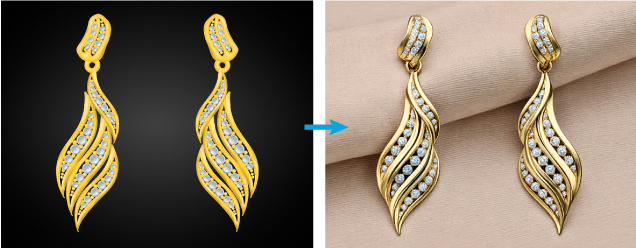 Figure 16. Digital sketch (left) and a Dzine.ai “rendering” (right) using the original image and adding the text prompt “intricate yellow gold earrings, adorned with scintillating diamonds, dangle elegantly from the ear, their wavy design evoking a sense of fluidity, as if dancing in the light; photorealistic rendering, the warm golden hue and flecks of diamond sparkle radiating a sun-kissed glow, perfect for a summer evening soiree or a vintage-inspired bridal look, with hints of Art Deco sophistication and bohemian flair, every detail meticulously captured in the rendering's subtle nuances.”