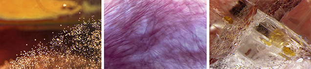 Copper platelets (left), wispy dislocations (center), and yellowish crystals (right) in Ethiopian sunstone.