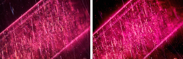 Figure 1. This Mozambique ruby contains needles and bands of particles before heating (left). The inclusions did not show any signs of alteration after heating at 900°C for 5 hours in air (right). However, the development of the 3309 cm–1 series in the FTIR spectrum was detected in this stone after heating, providing evidence of low-temperature heat treatment. Photomicrographs by Suwasan Wongchacree; field of view 1.75 mm.