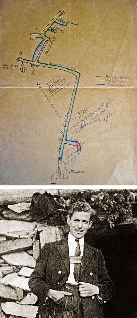 Top: Map of the D gallery at Habachtal, drawn by Anton Hager Jr. Bottom: Engineer Anton Hager Jr.