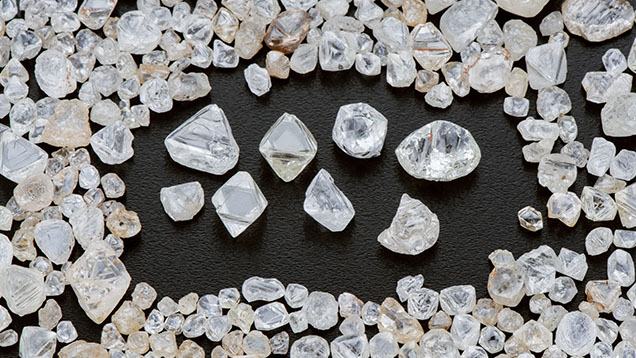 Figure 7. Once rough diamonds such as these from Angola enter the supply chain and are mixed with diamonds from other mines, determining their geographic origin is currently impossible. Photo by Robert Weldon; courtesy of Diamond Trading Antwerpen.
