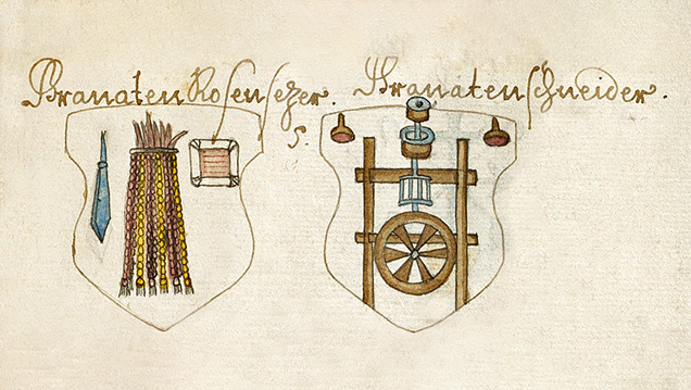 Figure 4. Coat of arms for the crafts of the “garnet rose setter” (left) and “garnet cutter,” from the handwritten descriptions of all crafts in the Imperial City of Nuremberg around 1700. From <em>Von Ursprung und Herkom[m]en samt Beschreibung aller Hand Wercker in der Stadt Nürnberg</em> (ca. 1700). Courtesy of the Germanic National Museum in Nuremberg (signature Merkel Hs 2° 981).
