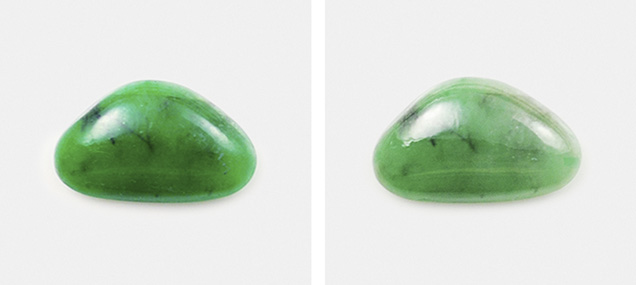Figure 2. This jadeite sample is shown with its coating (left) and after the coating was removed (right). Photo by Jian Zhang.