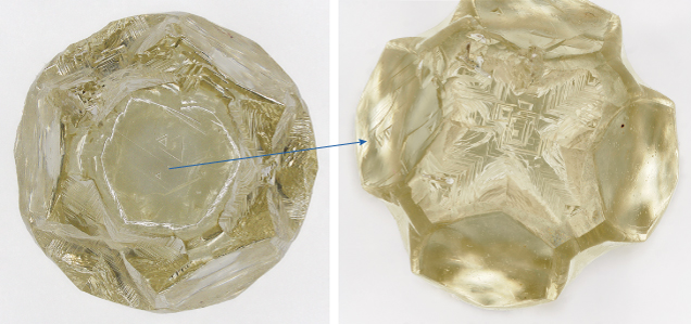 Figure 1. Left: This 3.49 ct yellow diamond with a diameter of ~7 mm exhibits a unique shape due to a combination of growth and dissolution features. Right: Tetragonal etch pits suggesting dissolution on cubic faces of initial habit. Photos by Cristiano Ferraris.