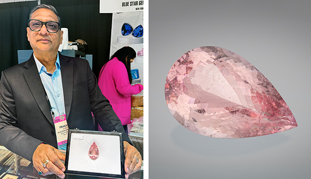 Figure 1. The 236.27 ct pear-shaped untreated morganite from old Madagascar stock was designed by Prakash Chand Vijay, who also oversaw the cutting. Photos by Jennifer Stone-Sundberg (left) and Robert Weldon (right). Courtesy of Blue Star Gems.