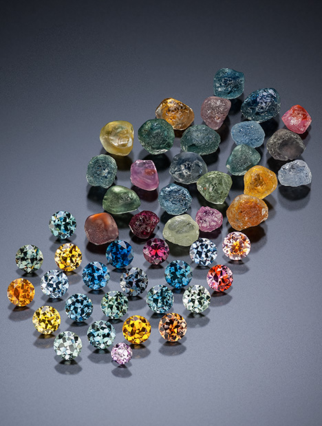 Rough and faceted sapphires from Rock Creek, Montana