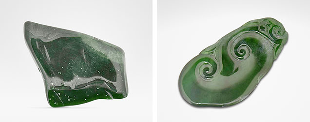 Figure 1. <em>Yongchuliao</em> samples collected for testing. The rough sample on the left weighs 30.1 ct, and the carving on the right weighs 12.85 ct. Photos by Shilong Xu.