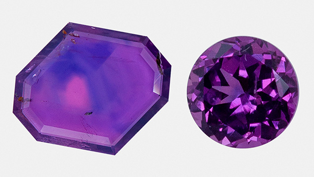 Figure 5. Pink and purple “Nebula” sapphire in both freeform faceted tablet (left; 7.77 × 9.20 mm, 0.82 ct) and brilliant-cut (right; 4 mm round, 0.73 ct) styles. This material is from a mine in Madagascar that produces very small stones ranging from hot pink to violet. Photos by Kalim Korey; courtesy of Caroline C.