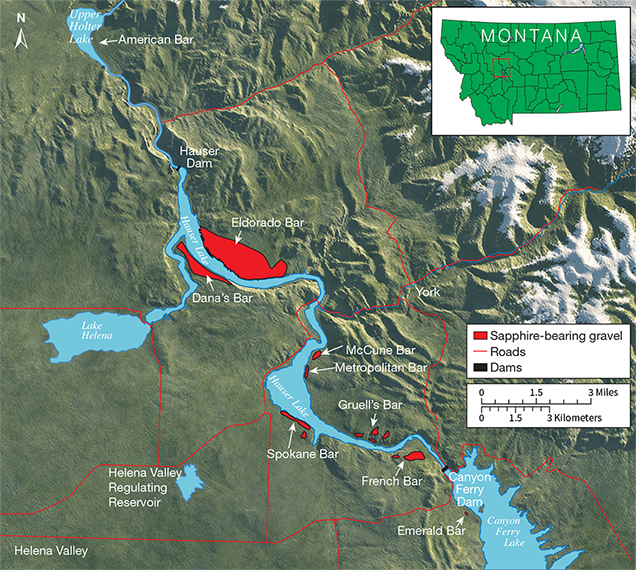 Map of nine historic sapphire mining areas on the Missouri River