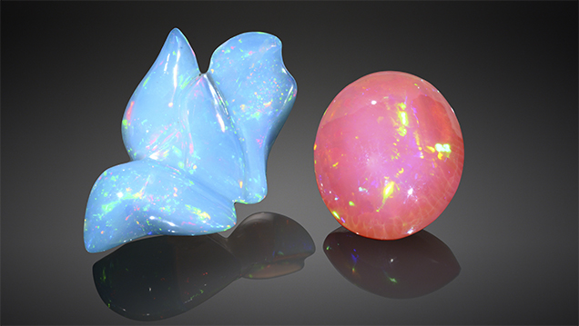 These two opals were represented as natural-color blue and pink opal from Mexico.