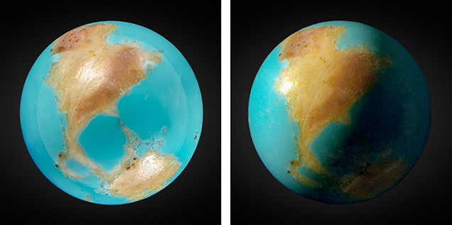 An 84.90 ct sphere of Armenian turquoise measuring 23.70 × 23.88 × 23.91 mm displays a striking resemblance to planet Earth. Left: Diffuse fiber-optic lighting allows the face of the stone to be seen in full. Right: Pinpoint fiber-optic lighting creates an appearance of day and night cast onto Earth. Gifted to GIA’s colored stone reference collection by Gemfab CJSC. Photos by Britni LeCroy.